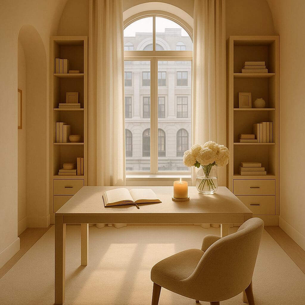 “A calm writing space with a journal, candle, and flowers on a desk near a large arched window.”